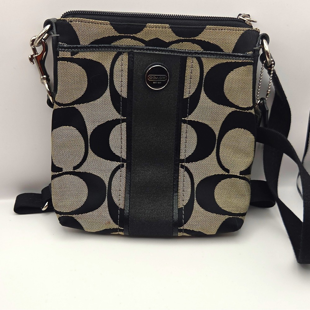 Coach Signature Beige/Black Logo Crossbody Bag Zip Top, Charm, Silver Hardware